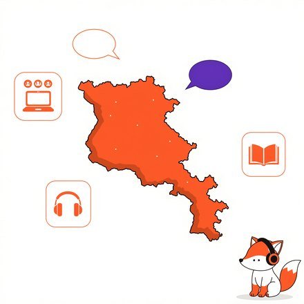 Мапа Вірменії, іконки онлайн-уроку й лисеня FluentFox у навушниках