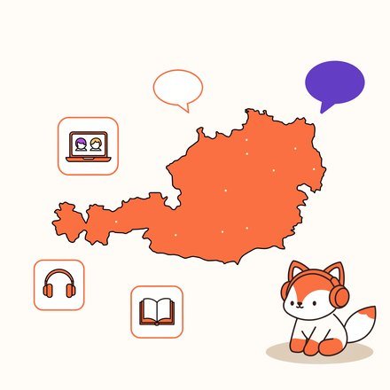 Мапа Австрії, іконки онлайн-уроку й лисеня FluentFox у навушниках