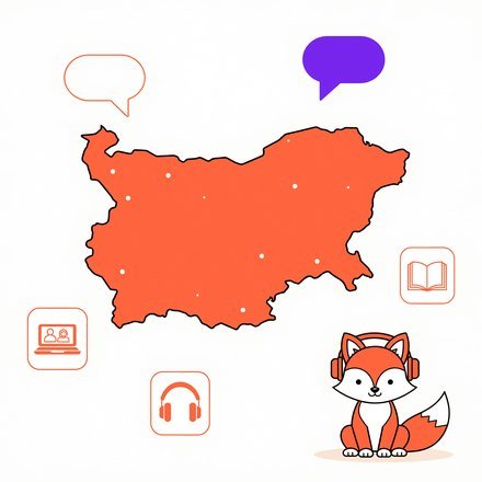 Мапа Болгарії, іконки онлайн-уроку й лисеня FluentFox у навушниках