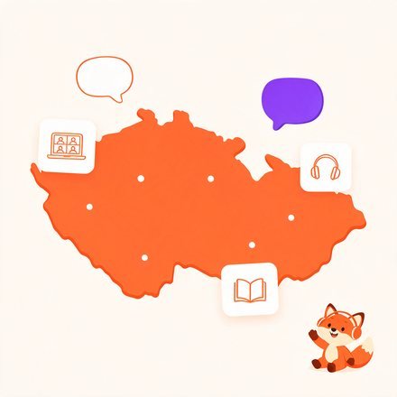Мапа Чехії, іконки онлайн-уроку й лисеня FluentFox у навушниках