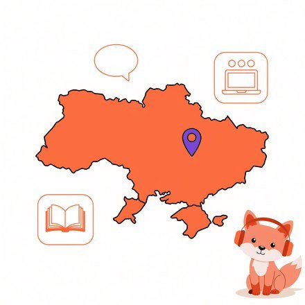 Мапа України з міткою Дніпра й лисеня FluentFox у навушниках