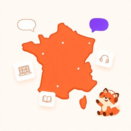 Мапа Франції, іконки онлайн-уроку й лисеня FluentFox у навушниках
