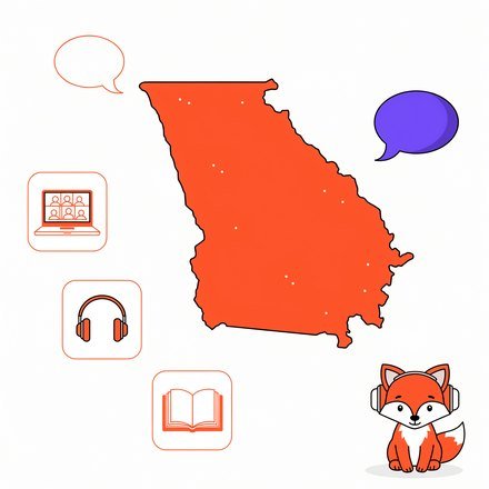 Мапа Грузії, іконки онлайн-уроку й лисеня FluentFox у навушниках