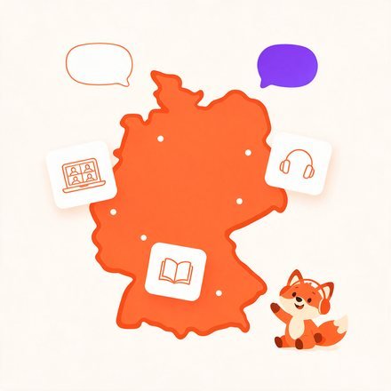 Мапа Німеччини, іконки онлайн-уроку й лисеня FluentFox у навушниках