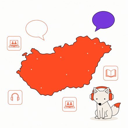 Мапа Угорщини, іконки онлайн-уроку й лисеня FluentFox у навушниках