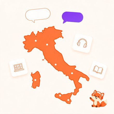 Мапа Італії, іконки онлайн-уроку й лисеня FluentFox у навушниках