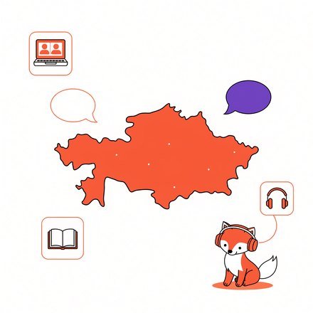 Мапа Казахстану, іконки онлайн-уроку й лисеня FluentFox у навушниках