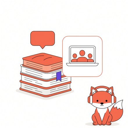 Стос книжок, ноутбук і лисеня FluentFox у навушниках