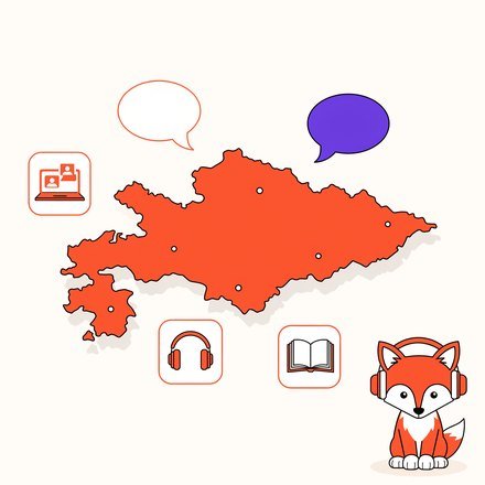 Мапа Киргизстану, іконки онлайн-уроку й лисеня FluentFox у навушниках