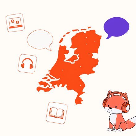 Мапа Нідерландів, іконки онлайн-уроку й лисеня FluentFox у навушниках