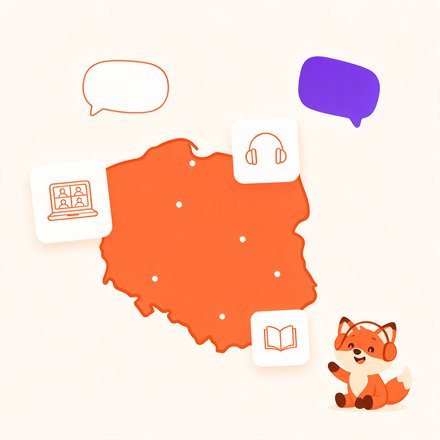 Мапа Польщі, іконки онлайн-уроку й лисеня FluentFox у навушниках
