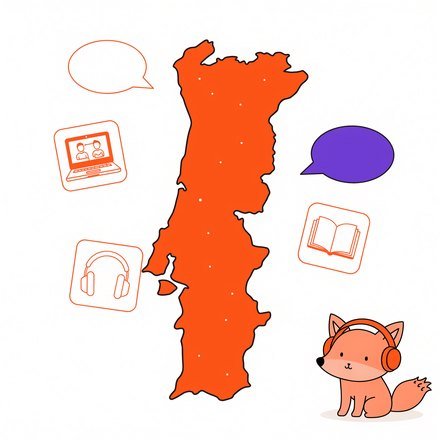 Мапа Португалії, іконки онлайн-уроку й лисеня FluentFox у навушниках