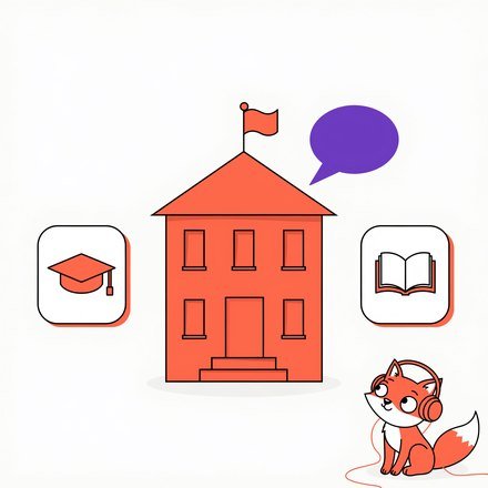 Будівля школи, диплом і лисеня FluentFox у навушниках