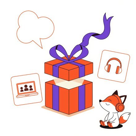 Подарункова коробка, іконки уроку й лисеня FluentFox у навушниках