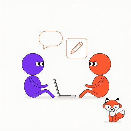Учитель і учень за ноутбуком, лисеня FluentFox у навушниках