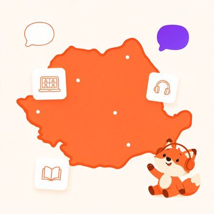 Мапа Румунії, іконки онлайн-уроку й лисеня FluentFox у навушниках