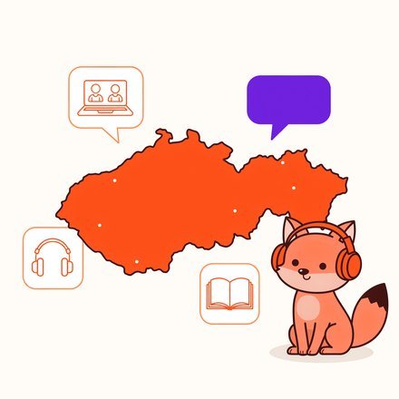 Мапа Словаччини, іконки онлайн-уроку й лисеня FluentFox у навушниках