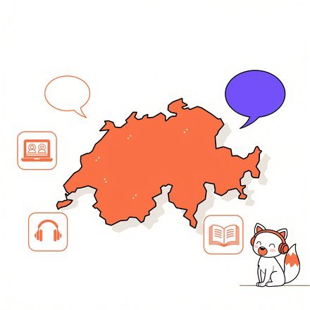 Мапа Швейцарії, іконки онлайн-уроку й лисеня FluentFox у навушниках