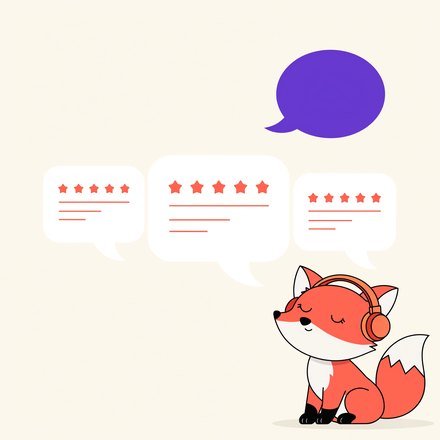 Картки відгуків із зірками й лисеня FluentFox у навушниках