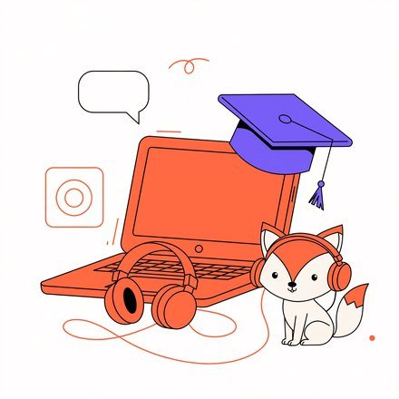 Ноутбук, навушники, випускна шапочка й лисеня FluentFox