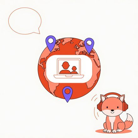 Глобус із мітками країн і лисеня FluentFox у навушниках